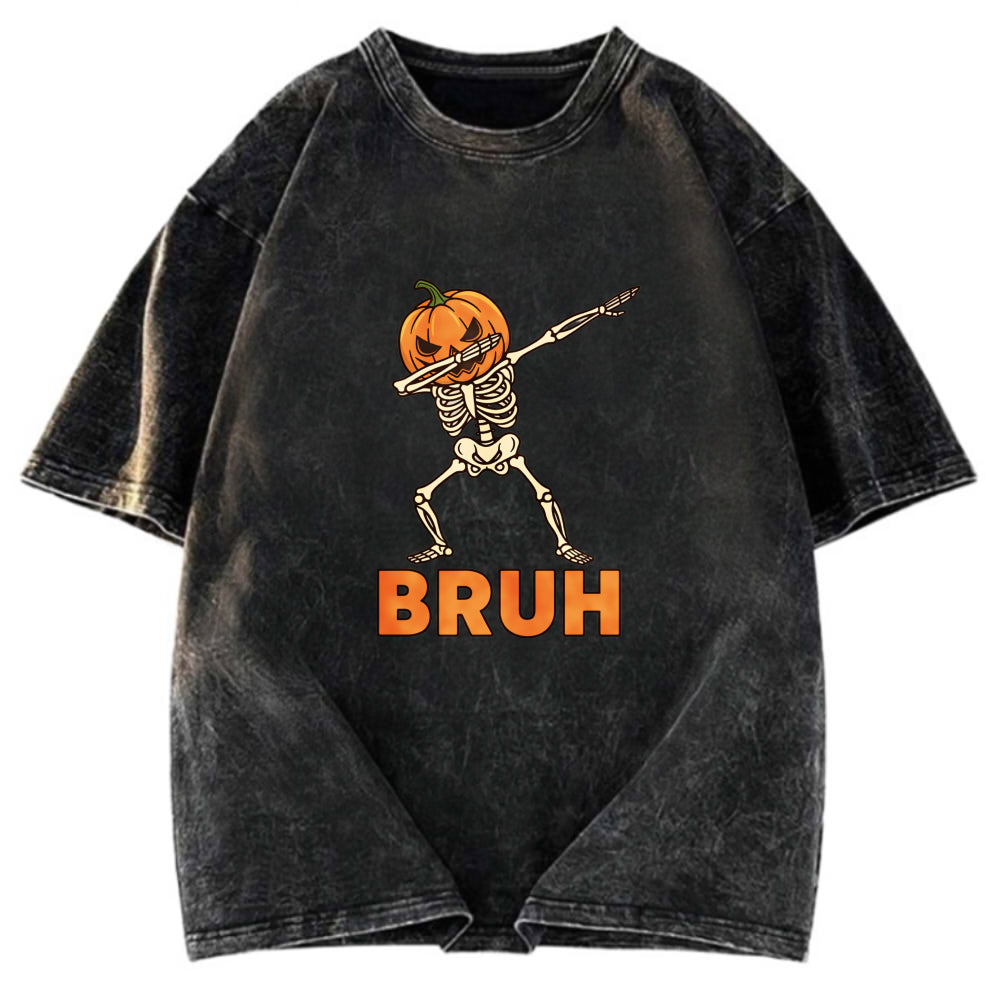 Tokyosol Halloween Pumpkin Head Dabbing Skeleton Washed T-Shirt
