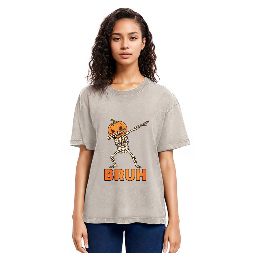 Tokyosol Halloween Pumpkin Head Dabbing Skeleton Washed T-Shirt