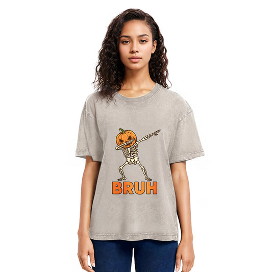 Tokyosol Halloween Pumpkin Head Dabbing Skeleton Washed T-Shirt