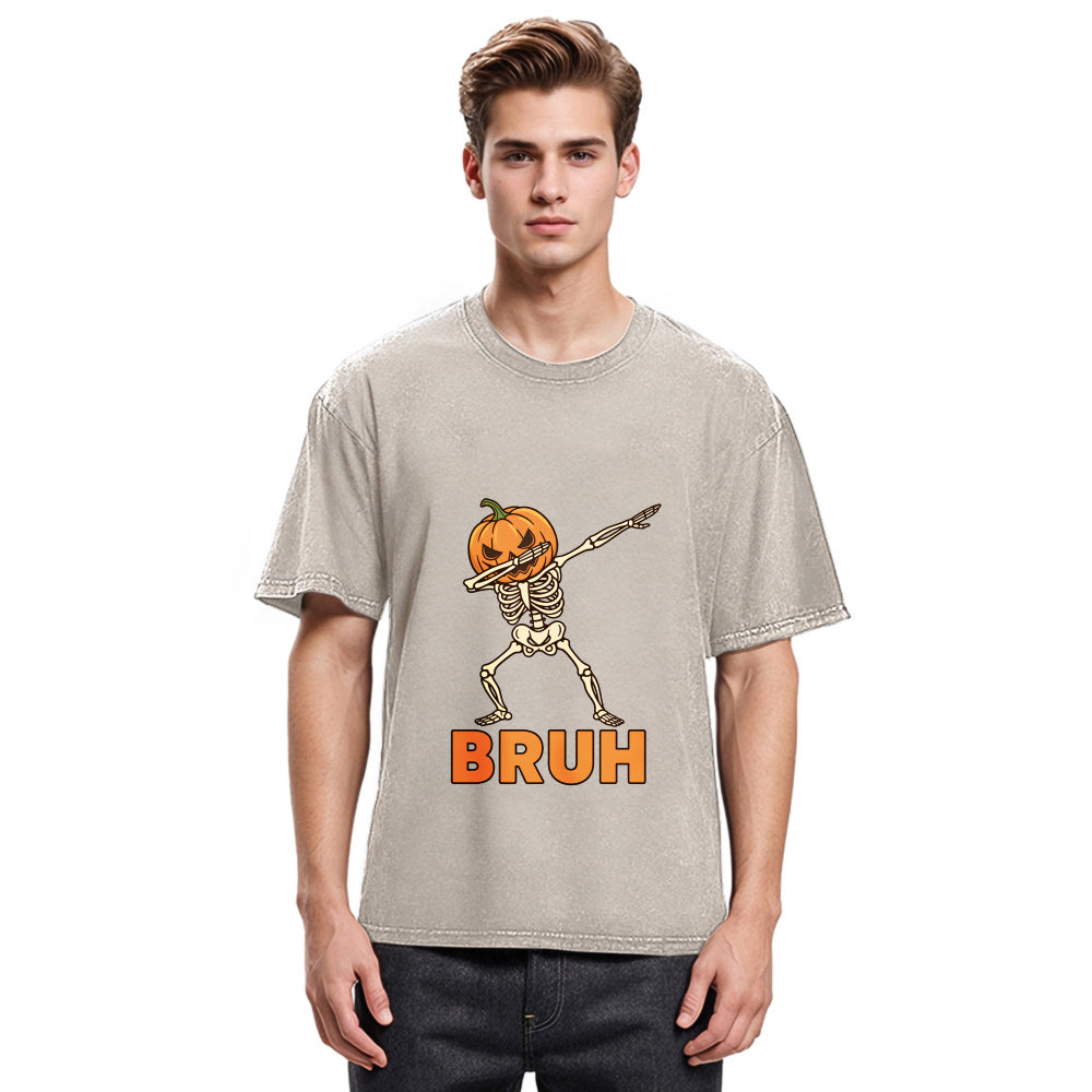 Tokyosol Halloween Pumpkin Head Dabbing Skeleton Washed T-Shirt