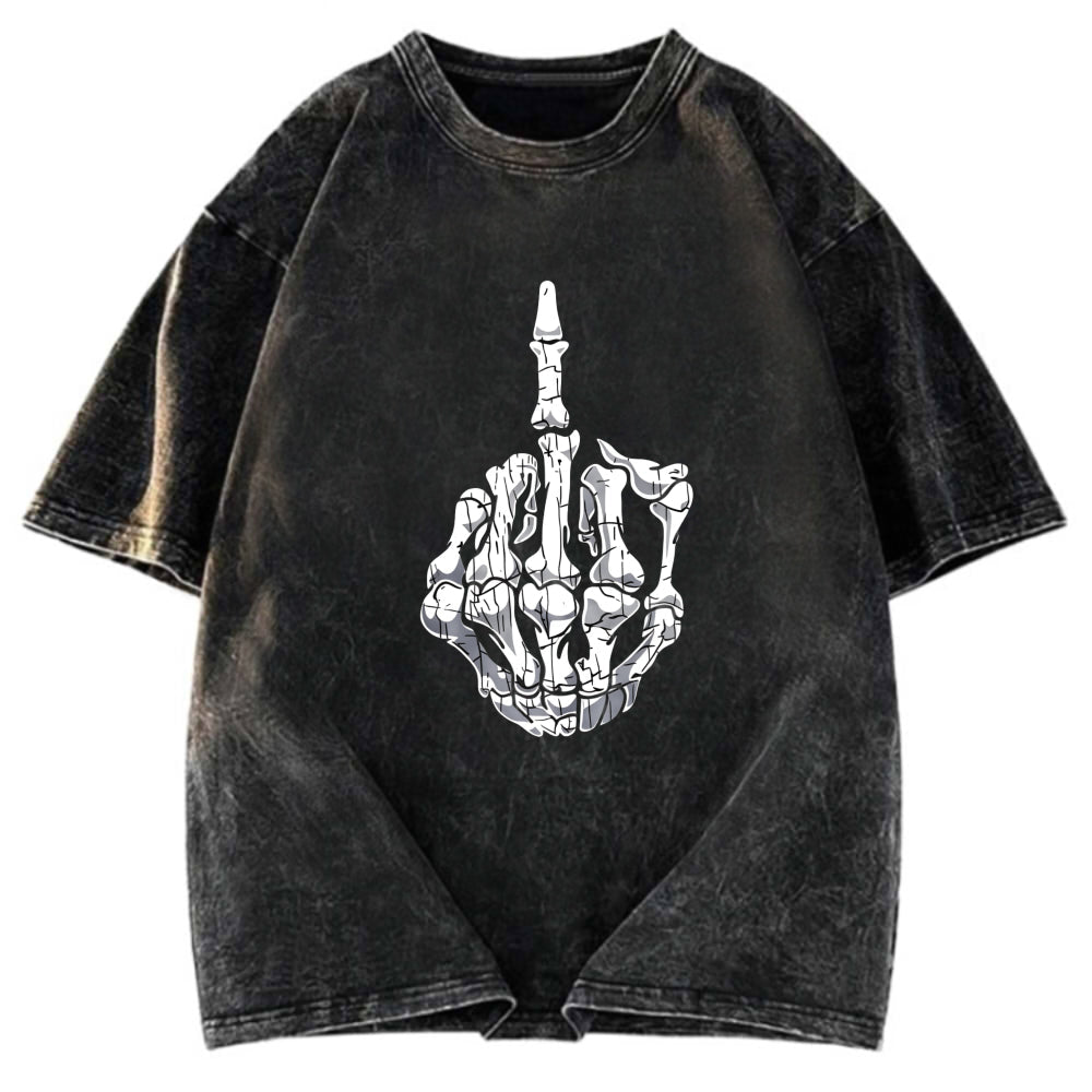 Tokyosol Funny Halloween Middle Finger Skeleton Hand Washed T-Shirt