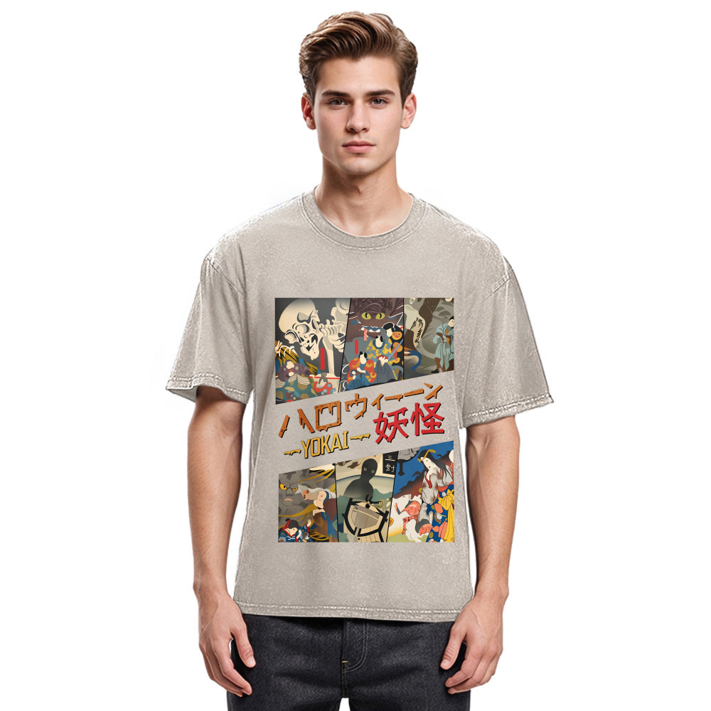 Tokyosol Vintage Japanese Yokai Halloween Washed T-Shirt