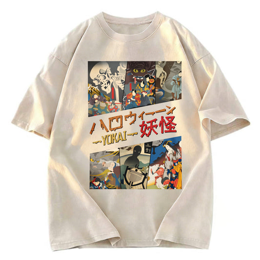 Tokyosol Vintage Japanese Yokai Halloween Washed T-Shirt