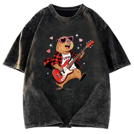 Tokyosol Cute Bear Guitar Valentine Washed T-Shirt