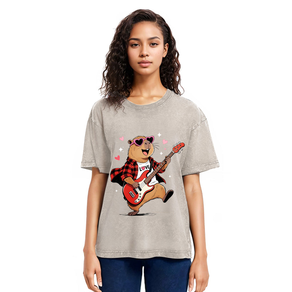 Tokyosol Cute Bear Guitar Valentine Washed T-Shirt