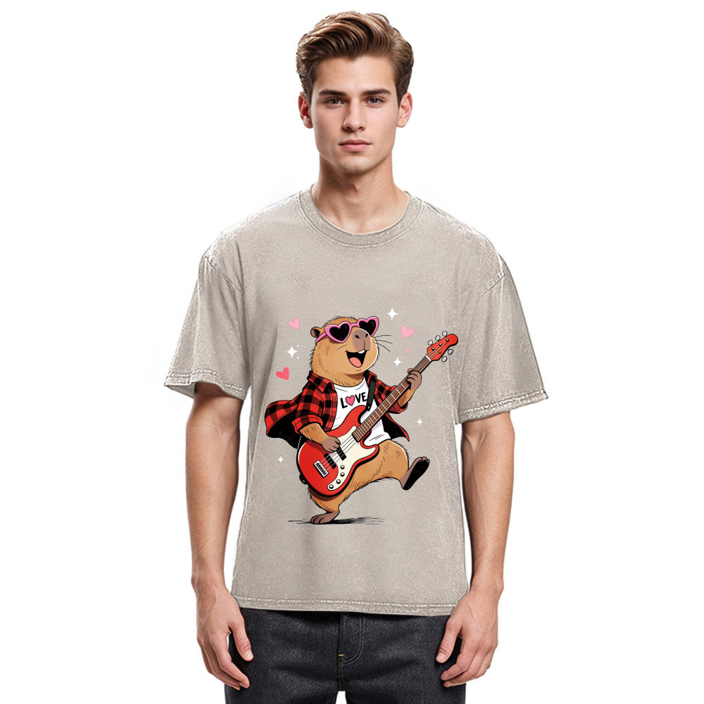 Tokyosol Cute Bear Guitar Valentine Washed T-Shirt