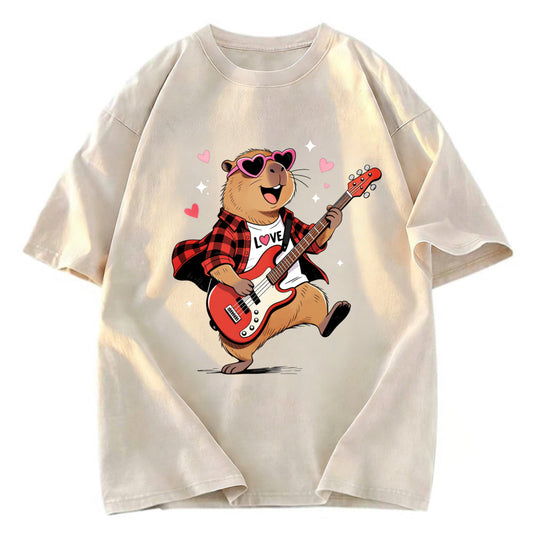 Tokyosol Cute Bear Guitar Valentine Washed T-Shirt