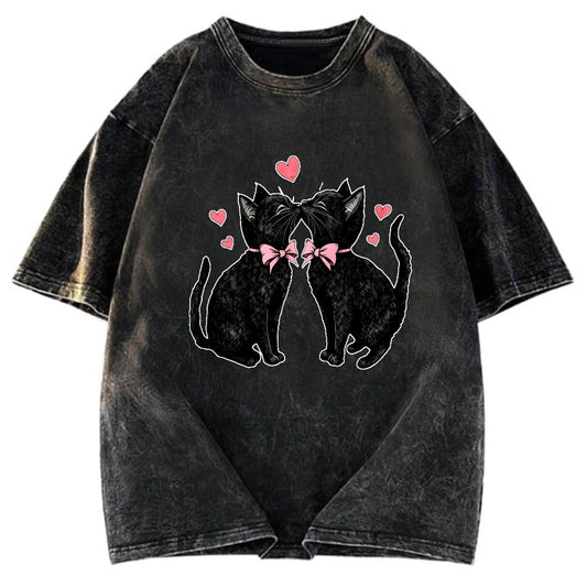 Tokyosol Cute Kissing Cat Washed T-Shirt