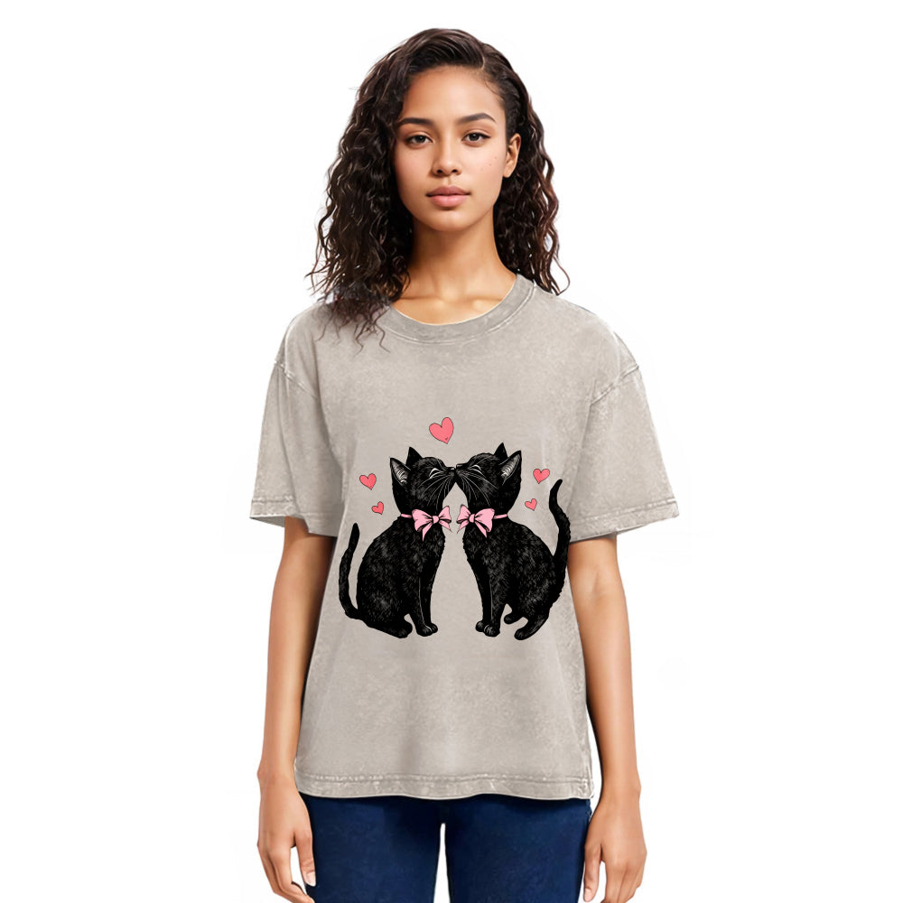 Tokyosol Cute Kissing Cat Washed T-Shirt