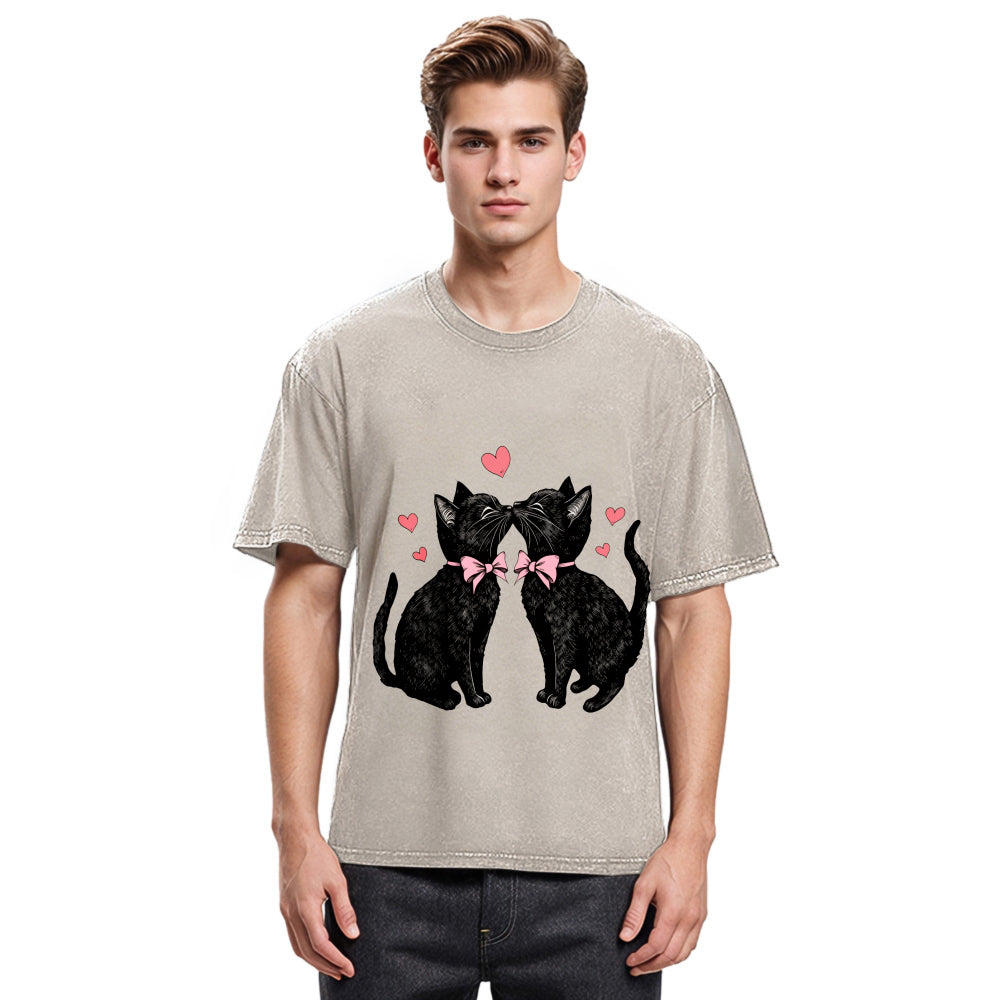 Tokyosol Cute Kissing Cat Washed T-Shirt